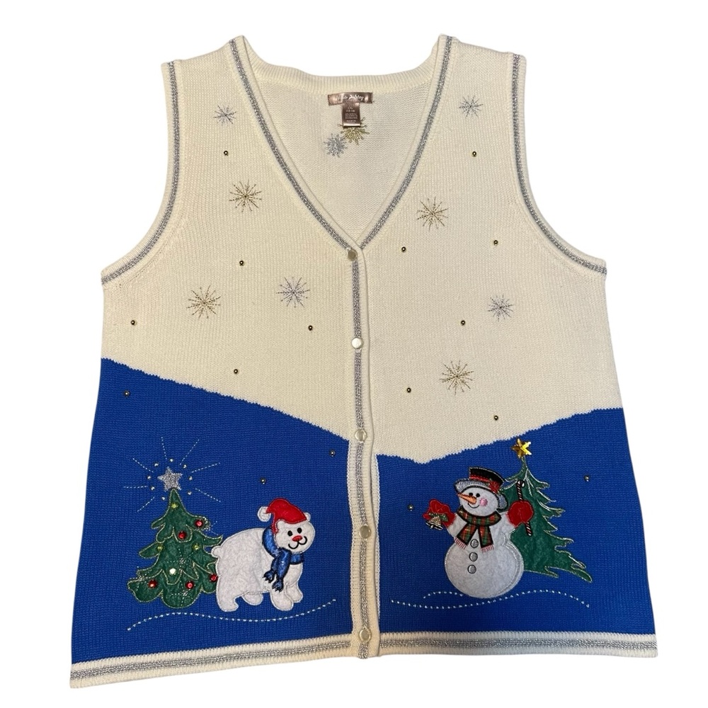 White Stag Women’s Christmas Vest Silver Outline Metallic Snowflakes and Sequins